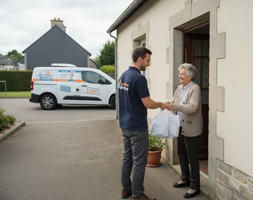 Livreur Les Menus Bretons remettant un repas à une cliente devant sa maison